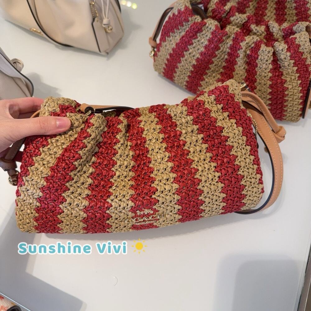 NWT coach Faye Shoulder Bag Gold/Red/Tan Straw and smooth leather CER33
